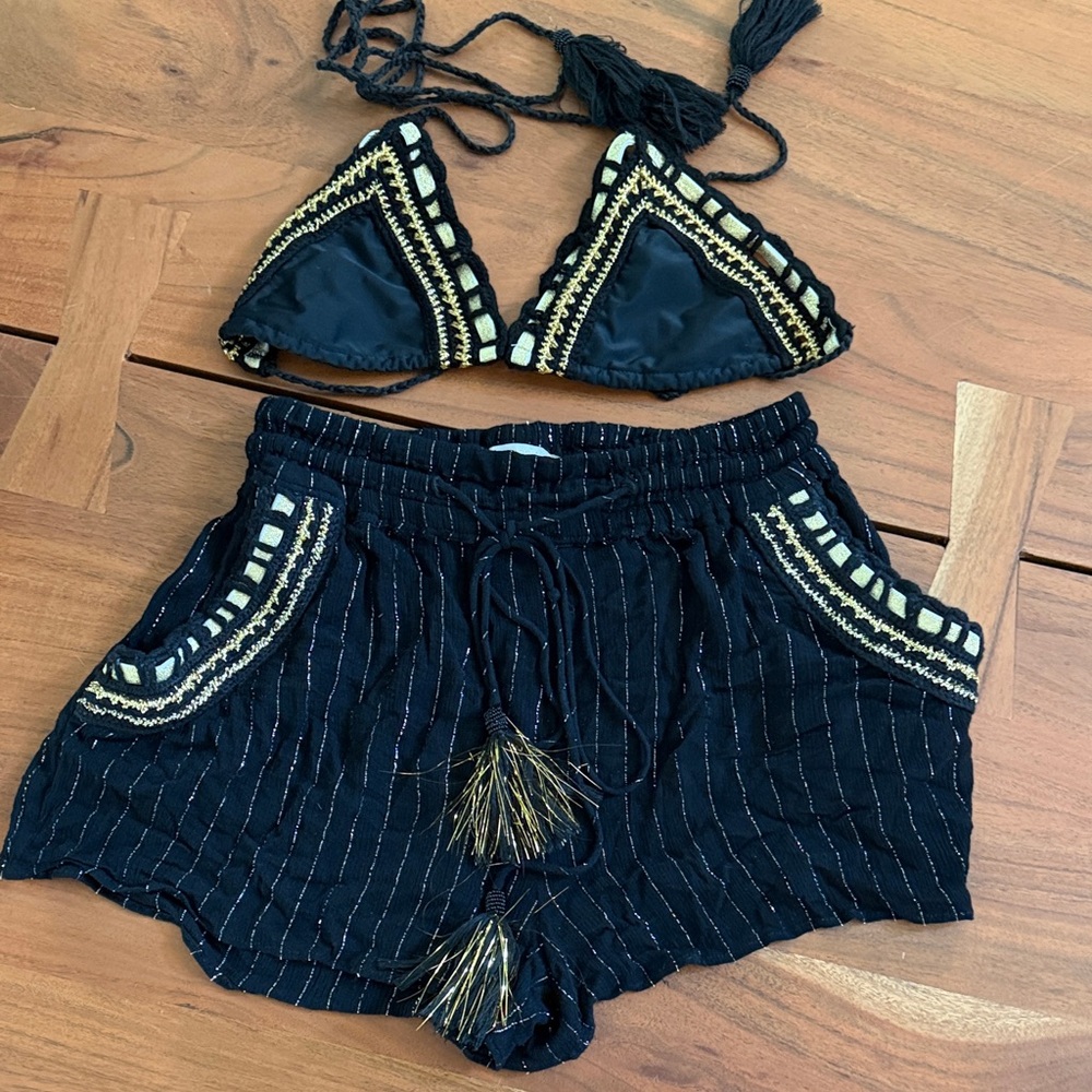 Ramy Brook Black & Gold Embroidered Bikini Top with Matching Shorts